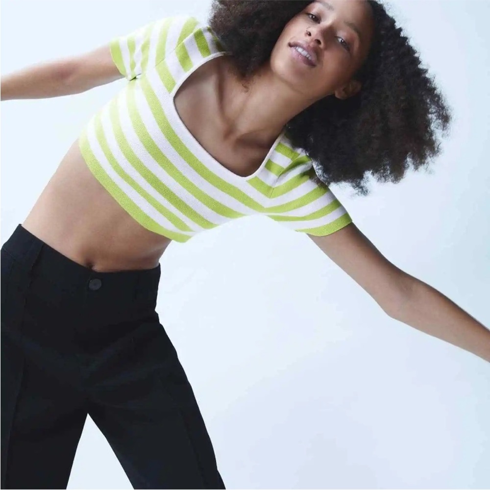 Zara Neon Striped Knit Cropped Top Size M